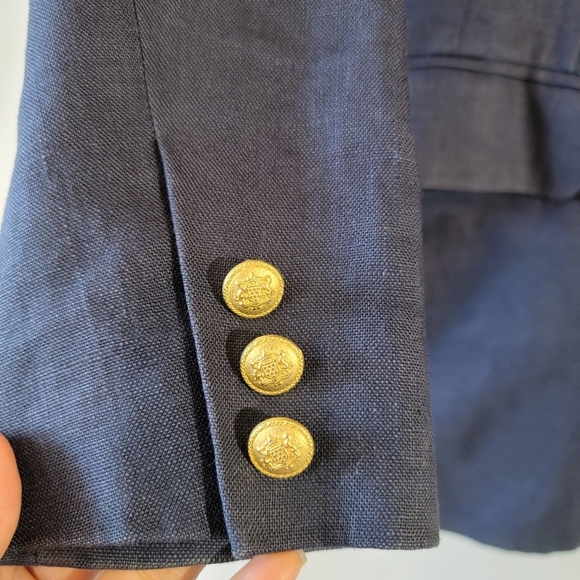 VTG Stanley Blacker Women Navy Blue 100% Linen Double Breasted Blazer 6 Crest - Picture 7 of 12